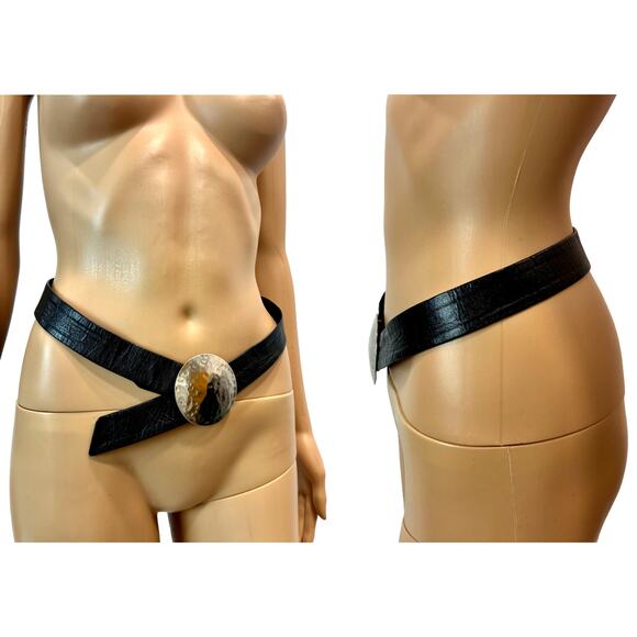 Vintage Thierry Mugler Black Leather Belt Hammered Silver Disc Buckle M main image 5